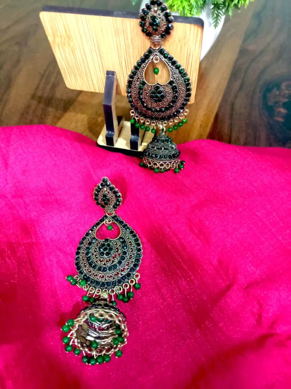 Wedding Wear Gold Plated Long Jhumka - Green