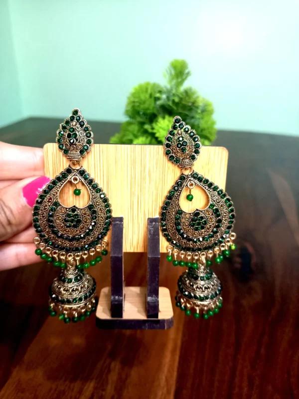 Wedding Wear Gold Plated Long Jhumka - Green