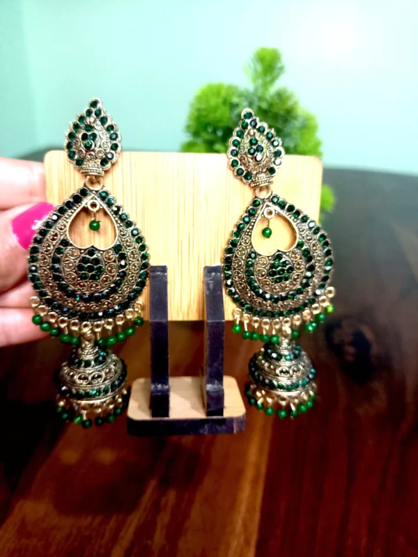 Wedding Wear Gold Plated Long Jhumka - Green