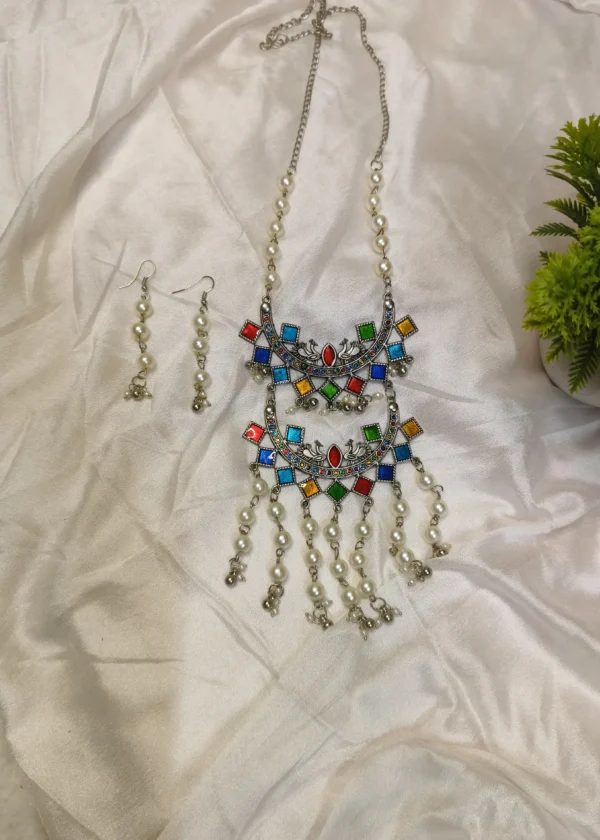 Oxidised multicolour long necklace set - Image 3