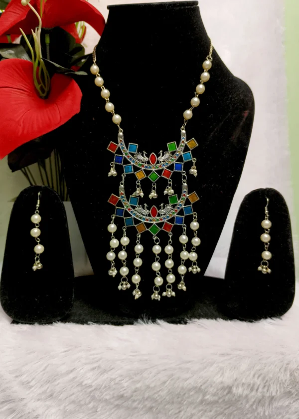 Oxidised multicolour long necklace set - Image 2