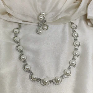 White Pearl Zircon Neckless Set with Earrings